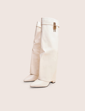 Reese White Fold Over Pu Knee High Boots