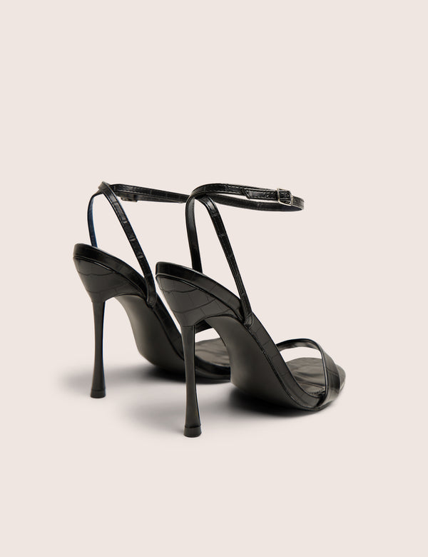 Soho Black Croc Barely There Strappy Stiletto Heels