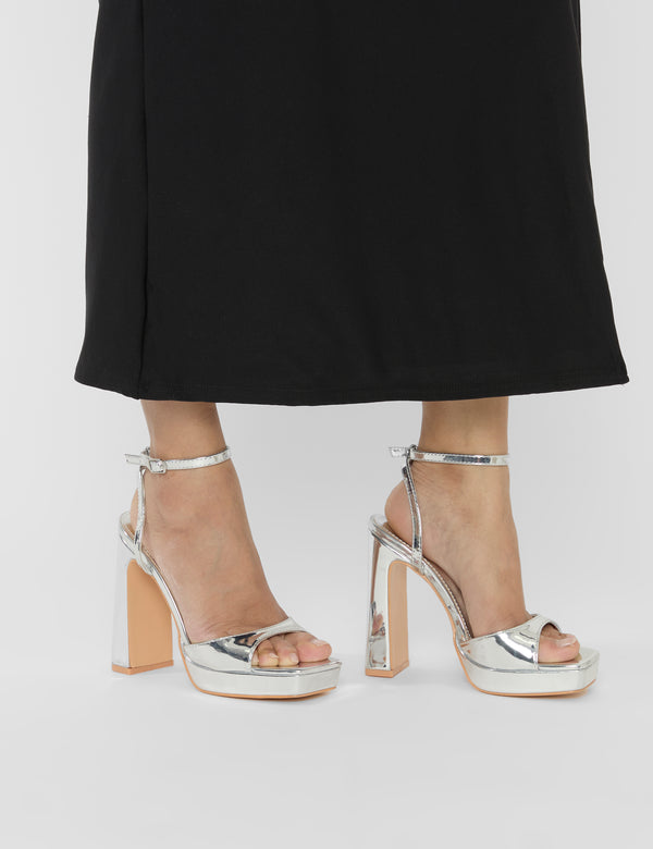 Resist Silver Mirror Peep Toe Barely There Platform Heels