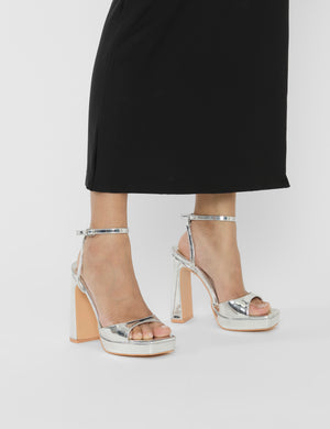 Resist Silver Mirror Peep Toe Barely There Platform Heels