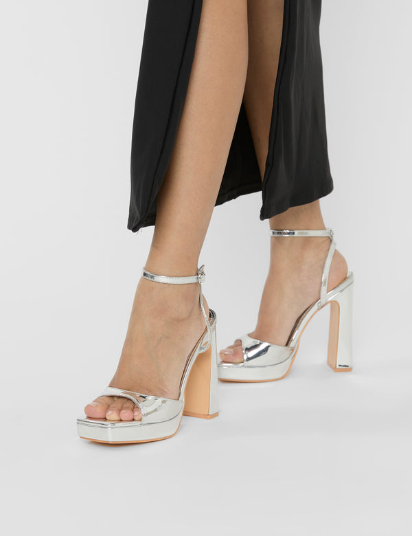 Resist Silver Mirror Peep Toe Barely There Platform Heels