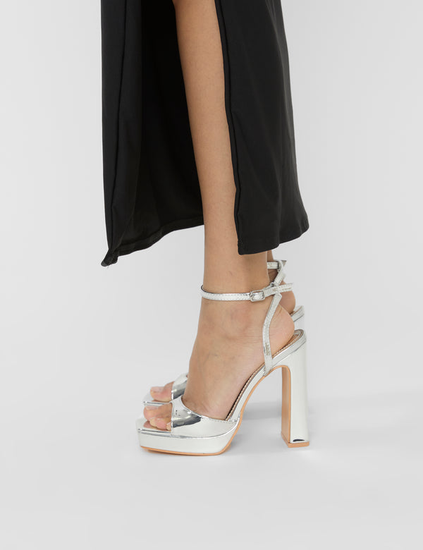 Resist Silver Mirror Peep Toe Barely There Platform Heels