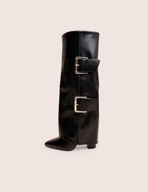 River Black Double Buckle Detail Pu High Knee Boots