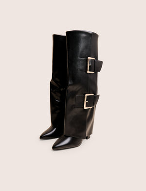 River Black Double Buckle Detail Pu High Knee Boots
