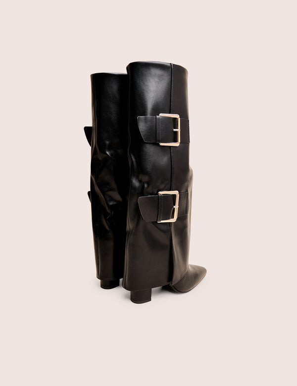 River Black Double Buckle Detail Pu High Knee Boots