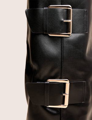 River Black Double Buckle Detail Pu High Knee Boots