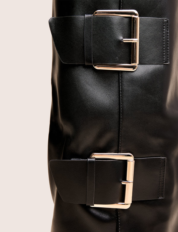 River Black Double Buckle Detail Pu High Knee Boots