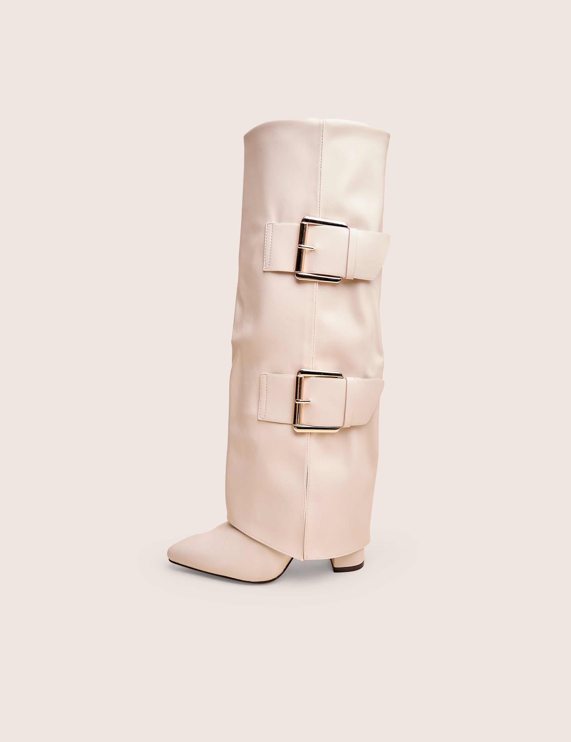 River Ecru Double Buckle Detail Pu High Knee Boots | Public Desire