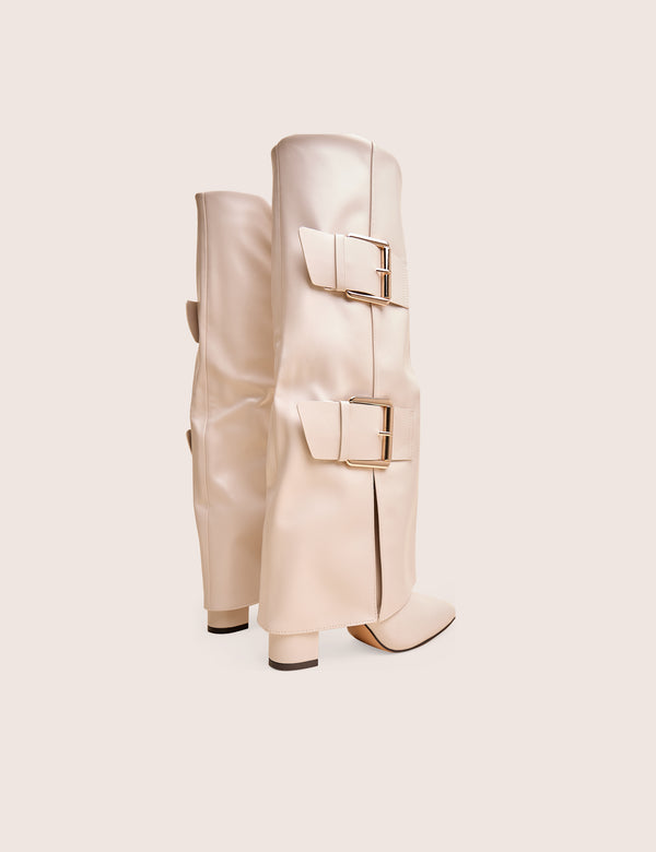 River Ecru Double Buckle Detail Pu High Knee Boots