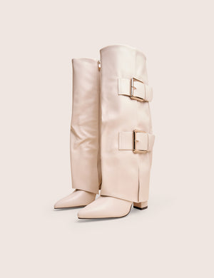 River Ecru Double Buckle Detail Pu High Knee Boots