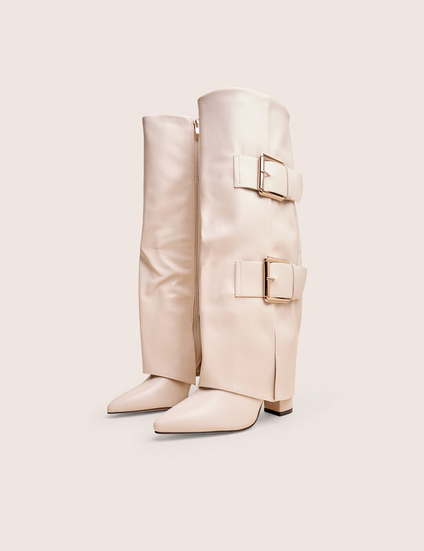 River Ecru Double Buckle Detail Pu High Knee Boots