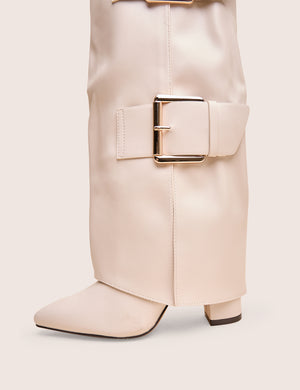 River Ecru Double Buckle Detail Pu High Knee Boots