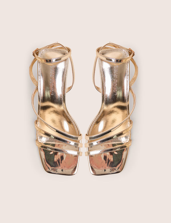 Robin Gold Strappy Square Toe Mid Block Heels
