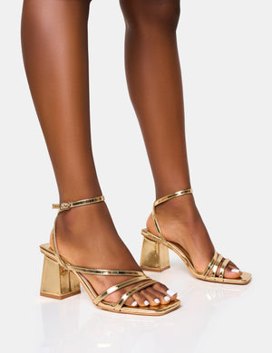 Robin Gold Wide Fit Strappy Square Toe Mid Block Heels