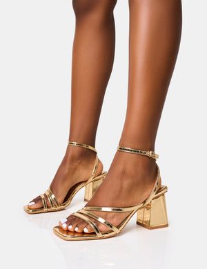 Robin Gold Wide Strappy Square Toe Mid Block Heels