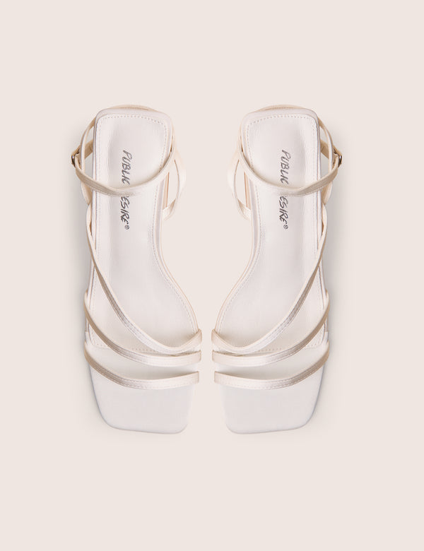 Robin White Strappy Square Toe Mid Block Heels