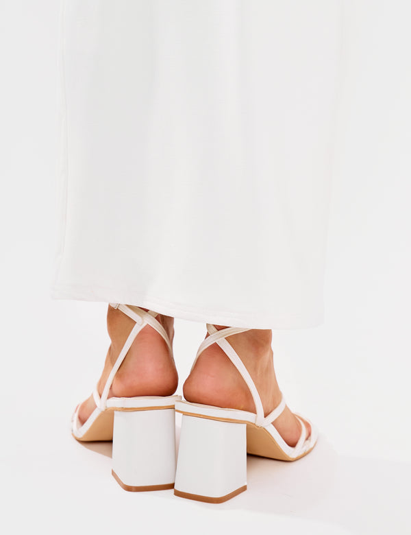 Robin White Strappy Square Toe Mid Block Heels