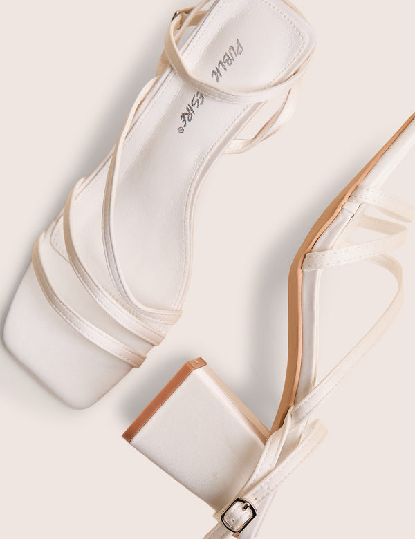 Robin White Strappy Square Toe Mid Block Heels