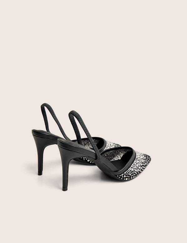 Rochie Black Mesh Embellished Sling Back Court Heels