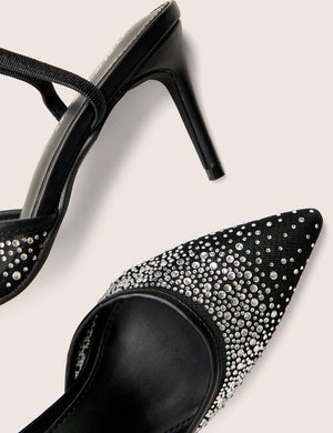 Rochie Black Mesh Embellished Sling Back Court Heels