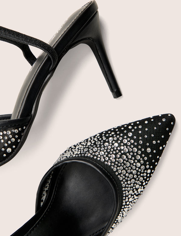 Rochie Black Mesh Embellished Sling Back Court Heels