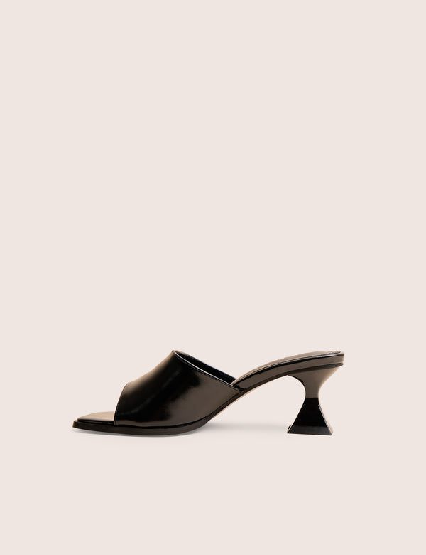 Romi Black Patent Mule Square Toe Flared Block Mid Heels