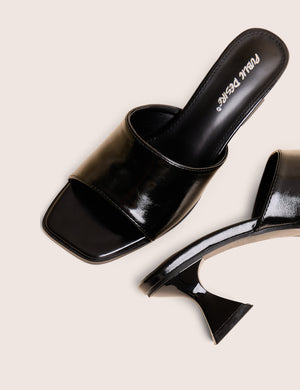 Romi Black Patent Mule Square Toe Flared Block Mid Heels