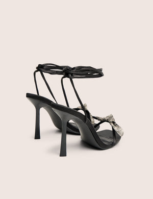 Rose Black Embellished Bow Tie Wrap Around Heels