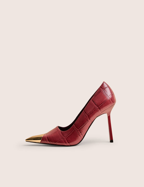 Rotate Burgundy Croc Gold Toe Detail Court High Heels