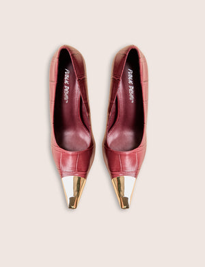Rotate Burgundy Croc Gold Toe Detail Court High Heels