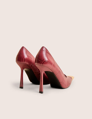 Rotate Burgundy Croc Gold Toe Detail Court High Heels