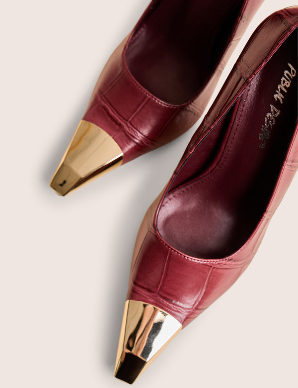 Rotate Burgundy Croc Gold Toe Detail Court High Heels