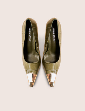 Rotate Green Croc Gold Toe Detail Court High Heels