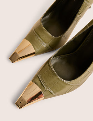 Rotate Green Croc Gold Toe Detail Court High Heels