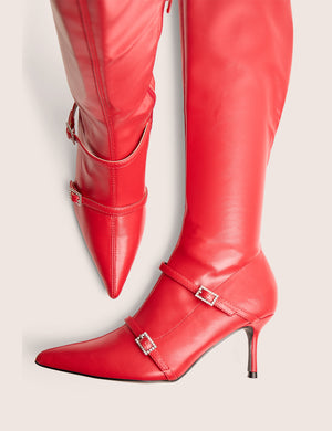 Roulette Red Pointed Toe Diamante Buckle Mid Heel Over The Knee Sock Boots