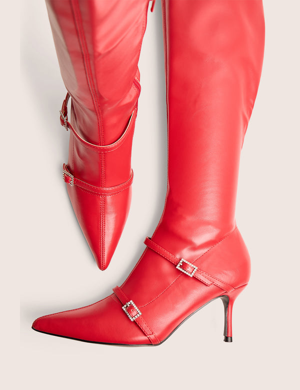 Roulette Red Pointed Toe Diamante Buckle Mid Heel Over The Knee Sock Boots