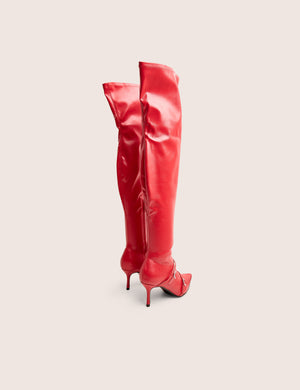 Roulette Red Pointed Toe Diamante Buckle Mid Heel Over The Knee Sock Boots