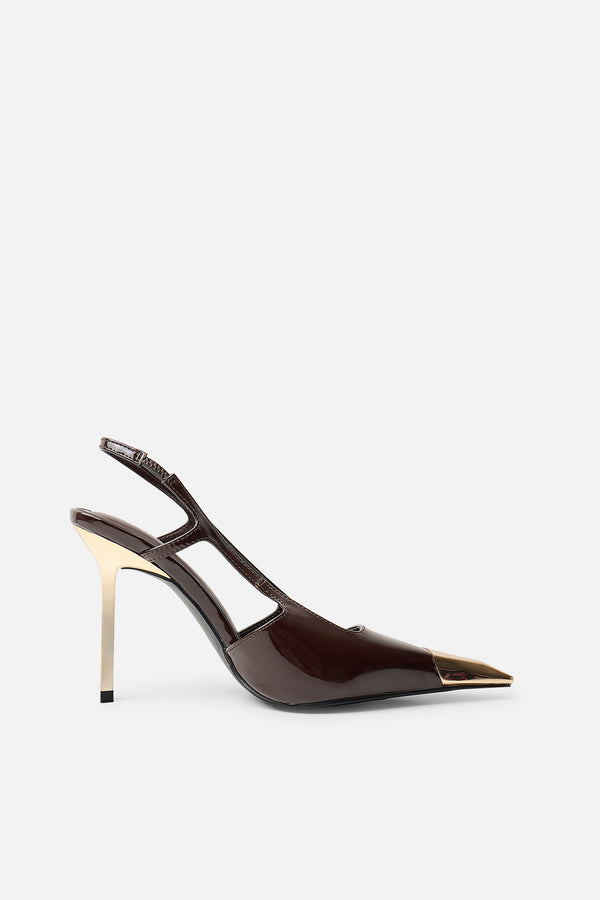 Reset Brown Patent Sling Back Toe Cap High Heel