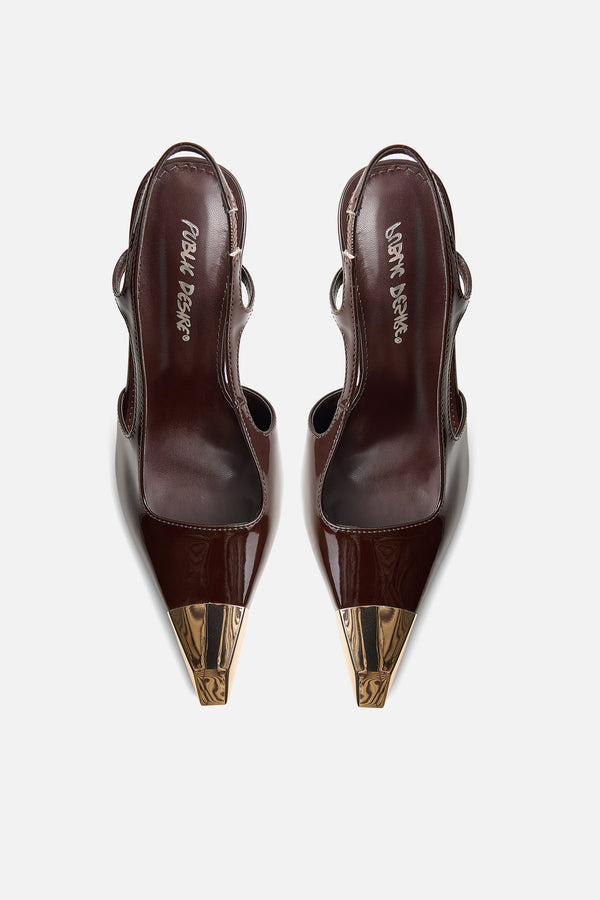 Reset Brown Patent Sling Back Toe Cap High Heel