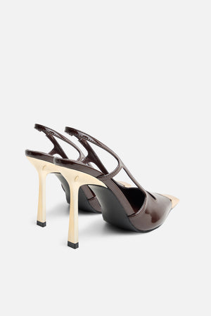 Reset Brown Patent Sling Back Toe Cap High Heel