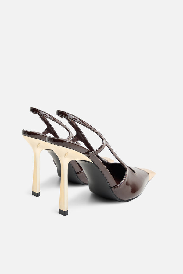 Reset Brown Patent Sling Back Toe Cap High Heel