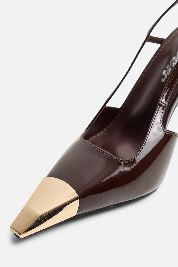 Reset Brown Patent Sling Back Toe Cap High Heel