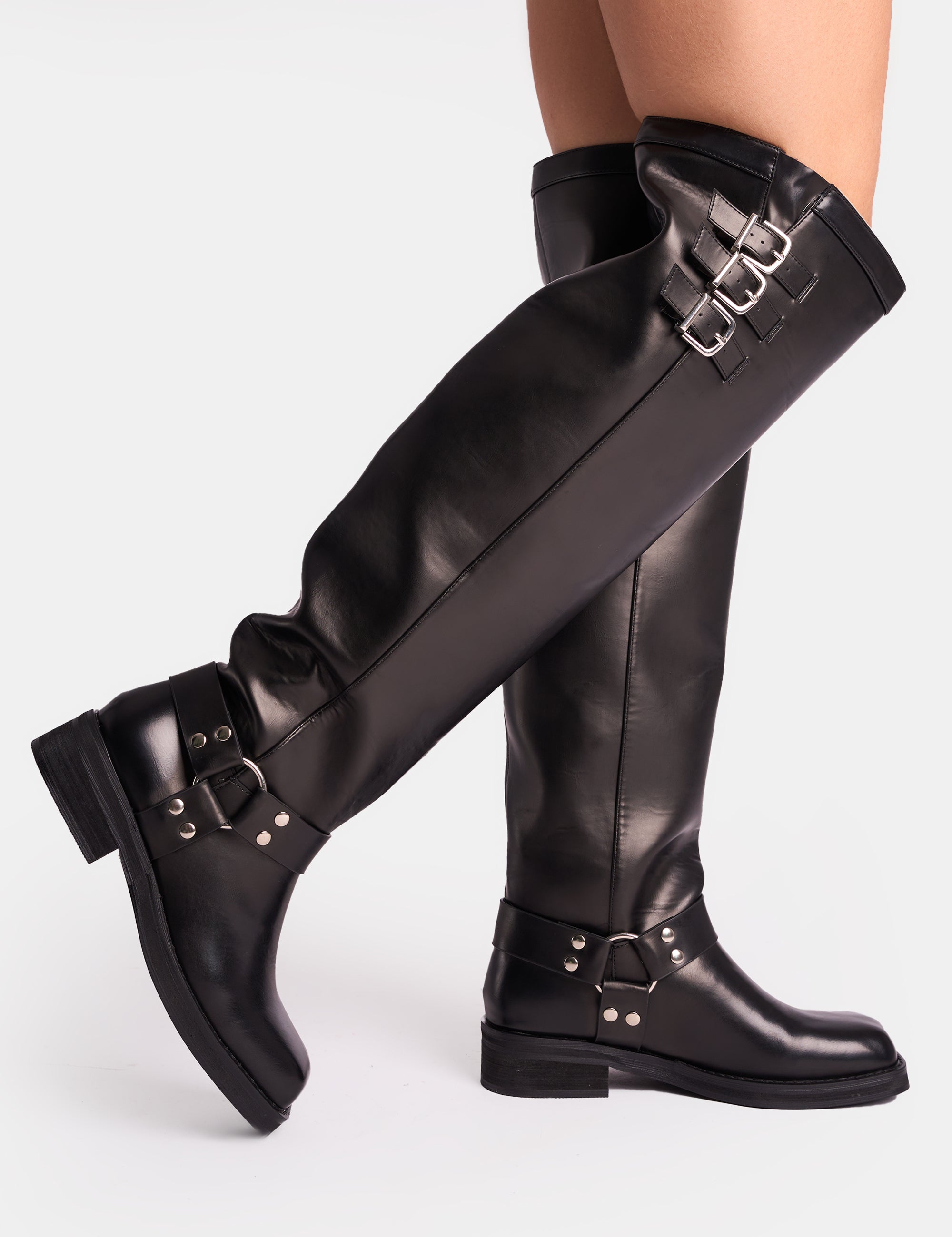 Sagittarius Vintage Black Buckle Detail Thigh High Boots | Public