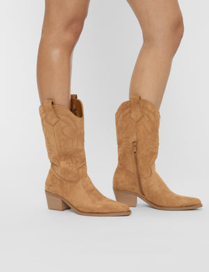 Sandy Tan Suedette Western Cowboy Ankle Boots