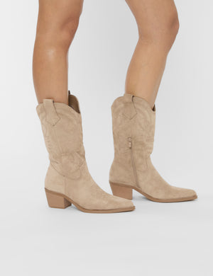 Sandy Beige Suedette Western Cowboy Ankle Boots