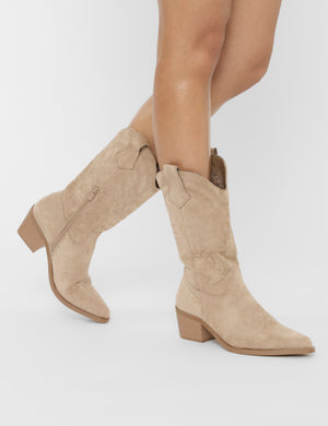Sandy Beige Suedette Western Cowboy Ankle Boots