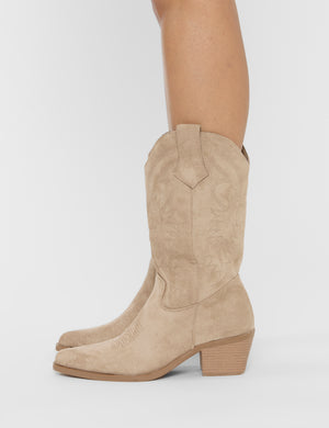 Sandy Beige Suedette Western Cowboy Ankle Boots