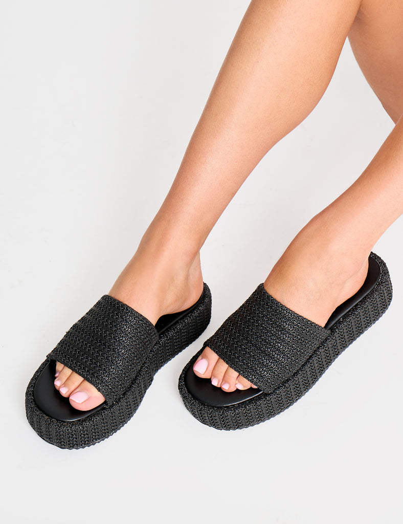 Sangria Black Woven Flatform Sandals | Public Desire
