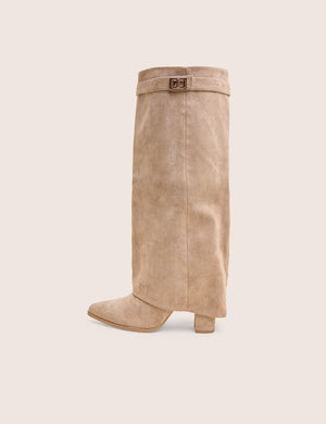 Say Yes Stone Faux Suede Padlock Fold Over Knee High Boots