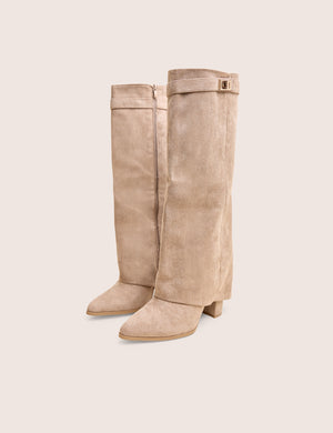 Say Yes Stone Faux Suede Padlock Fold Over Knee High Boots
